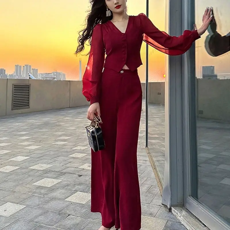 Summer New Solid Color Suit Women V-neck Slim Long Sleeve Lace Patchwork Button Cardigan and Zipper High Waist Wide Leg Trousers