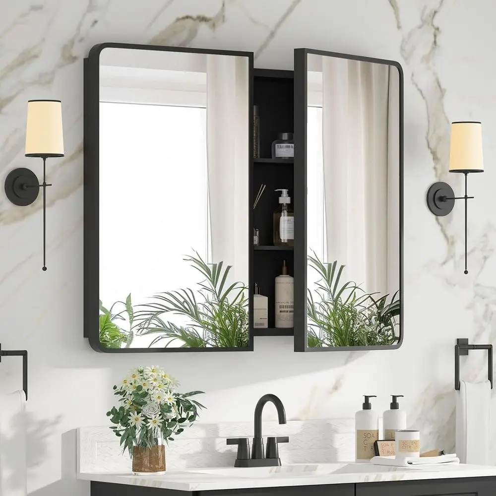 athroom Medicine Cainet with Mirror 24 x 30 Inch, lack Medicine Cainet Reced or Surace Wall-Mounted, Mirrored Caiwith Sturdy Met