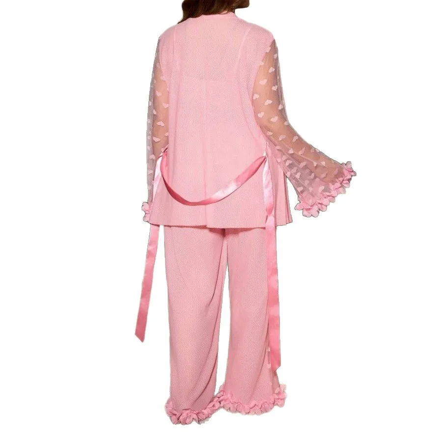 

New Sexy Pajamas Lace See-through Sexy Lingerie Women Pink Mesh Pajama Petal Cuff Robe Wide Loungewear Babydoll Lingerie 7MDZ