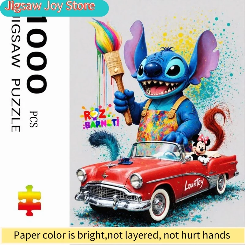 

Пазл Disney: Стич, держащий кисть с радужными красками + Минни в красном кабриолете с фоном, расповседавленным краской, 50x70