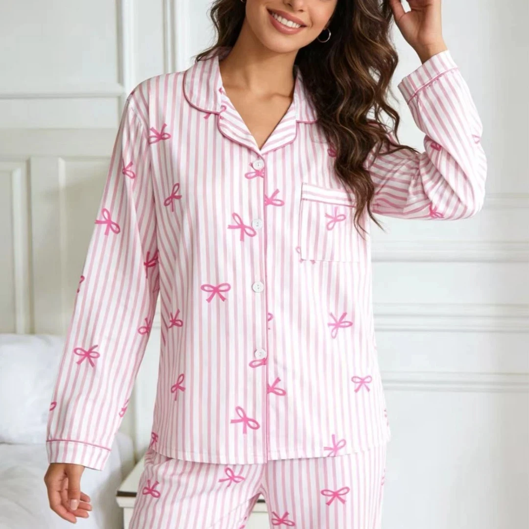 

Pink Women Pajama Set Easter Themed with Bow Print Lapel Shorts-sleeved and Shorts Pants Home Wear Gifts