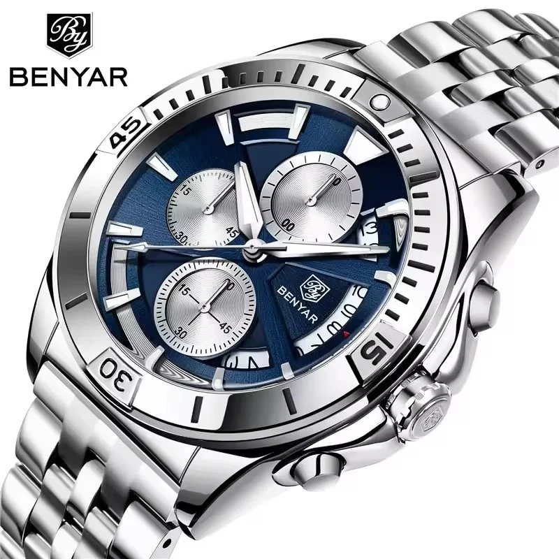 BENYAR 5180 Sport Men's Watch Quartz Men's Chronograph Waterproof Date Blue Clock Military Business Luxury Watch Reloj Hombre