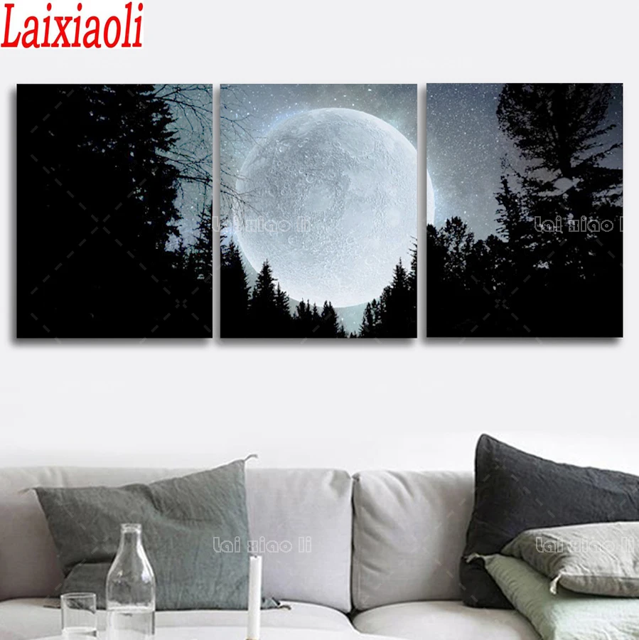 

Full Moon Scenery diamond painting full square round Triptych Painting Art forest night tree 3 pcs set Aisle Living Room Decor