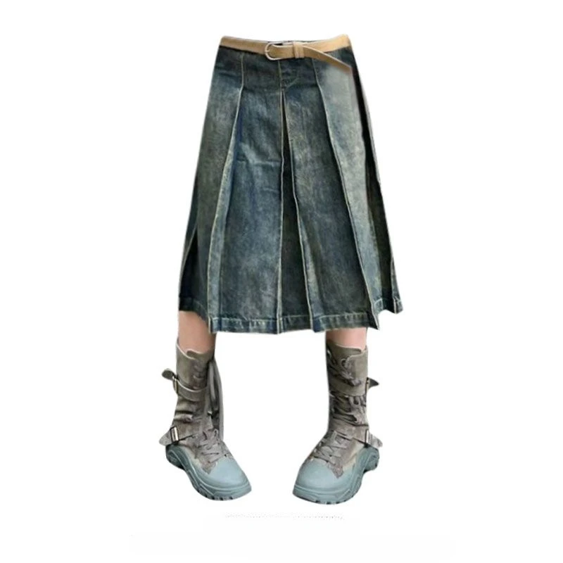 American Vintage Denim Mid-length Skirts Y2K Gothic Solid Color High Waist A-line Slim Pleated Skirt for Women Harajuku Clothing