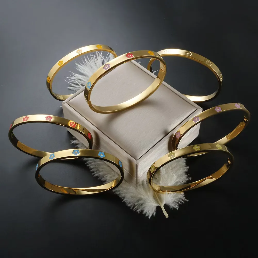 

3pcs Wholesale Factory Direct Sale Flower - Embellished 18K Gold Bangle Bracelets Colorful Charming Jewelry for Women