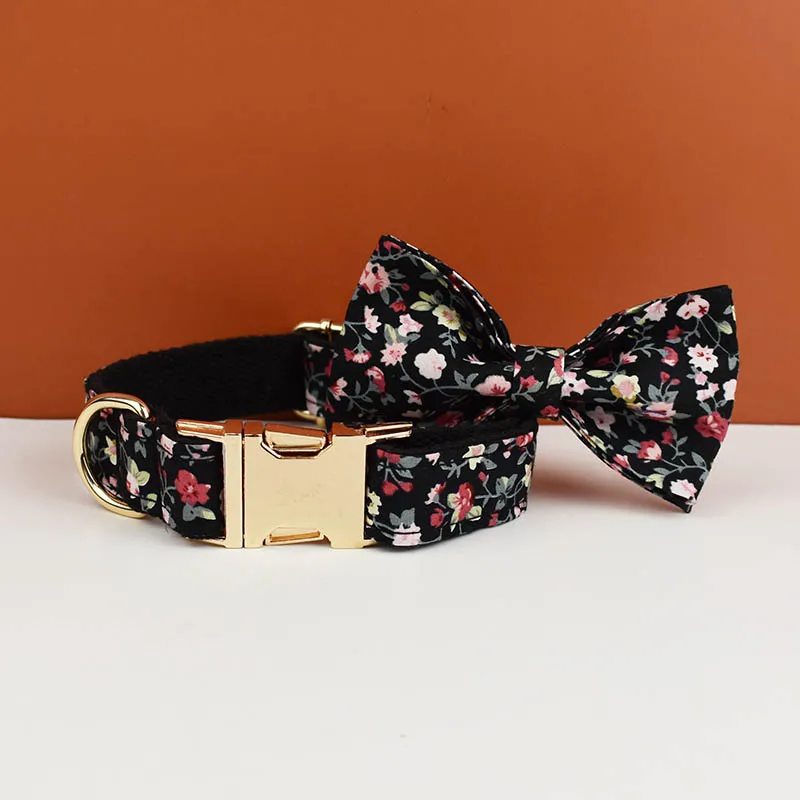 Luxury Fashion Pet Accessories Custom Design Logo Black Bottom Flower Sublimation Dog Collar Leashes Harness Bow Set Flowers 05