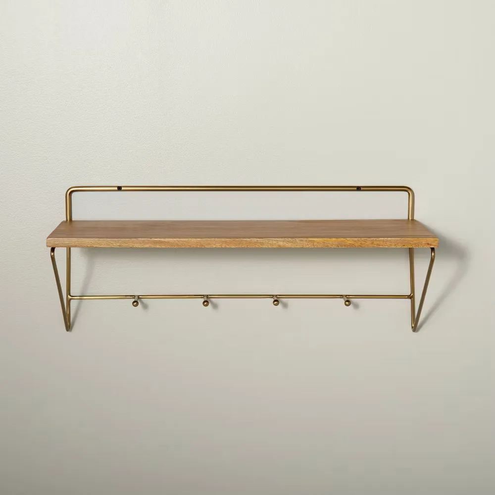 

24" Wood & Brass Wall Shelf with Hooks - Hearth & Hand