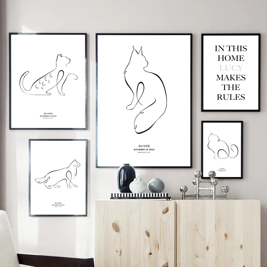 Cute Kitty Pet Cat Customized Name Date Wall Art Canvas Painting Abstract Nordic Posters And Prints Line Pictures Living Room