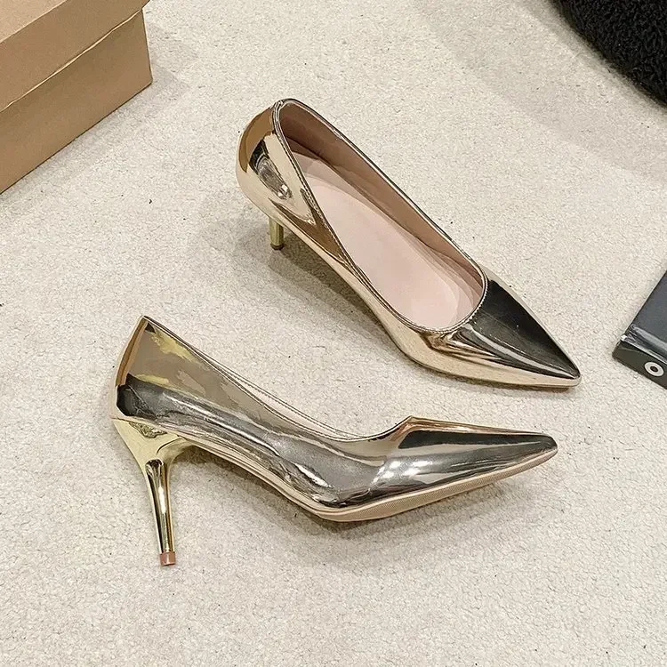 YBQJOO Women's Pointed Toe Pumps Silver/Gold 4