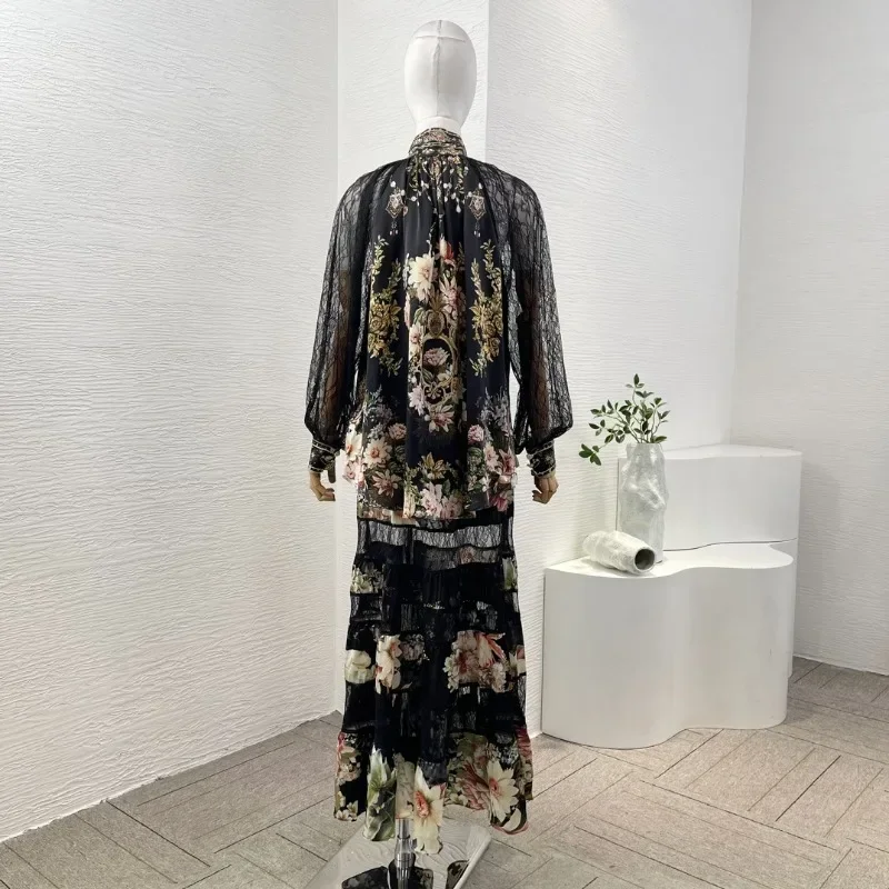 Women's Silk Black Flowers Print Long Sleeve High Quality New Fashion 2024 Diamonds Blouse Tops and Cascading Skirt Set