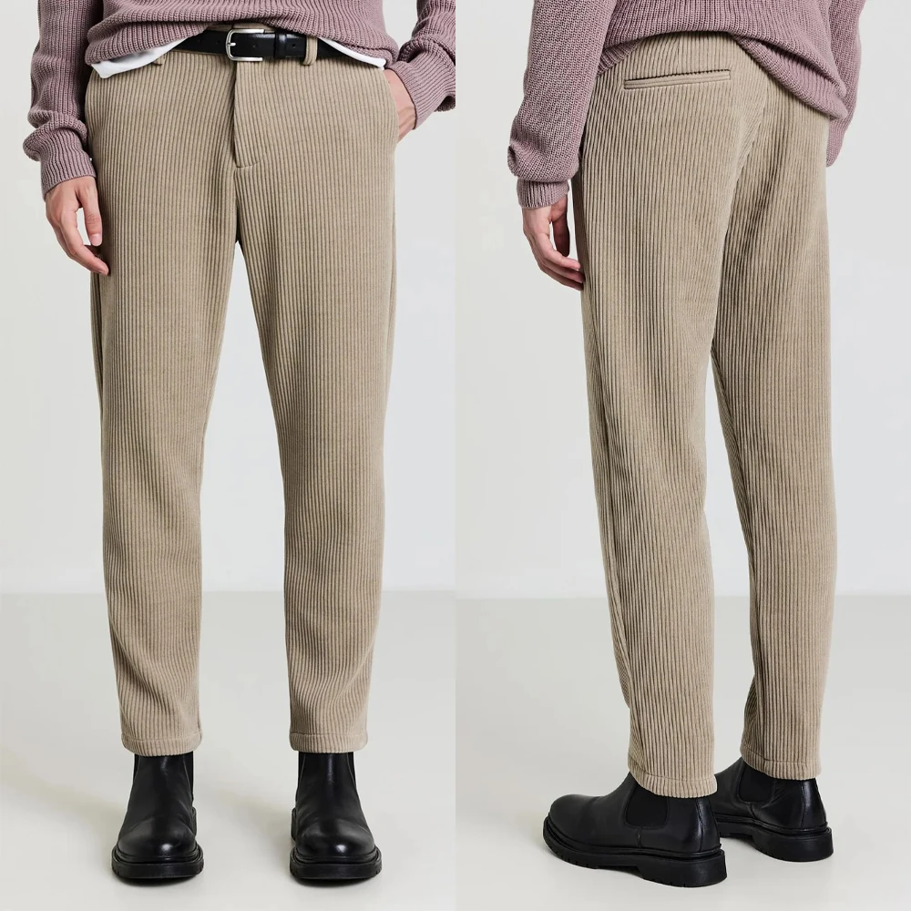 Simple Men Solid Formal Trousers Corduroy High Waist Refined Ankle Leg Urban Daily Wear Customized Simple Office Casual Pants