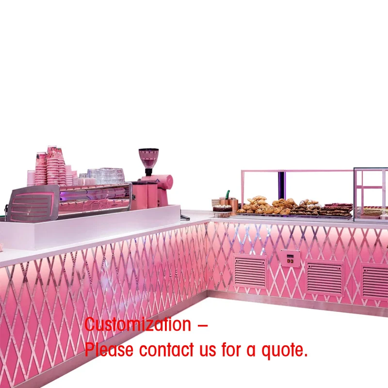 custom.Pink Viral Bakery: Lacquer Cabinets, Silver Metal Accents & White Acrylic LightUp Letters with Wood Display Cases