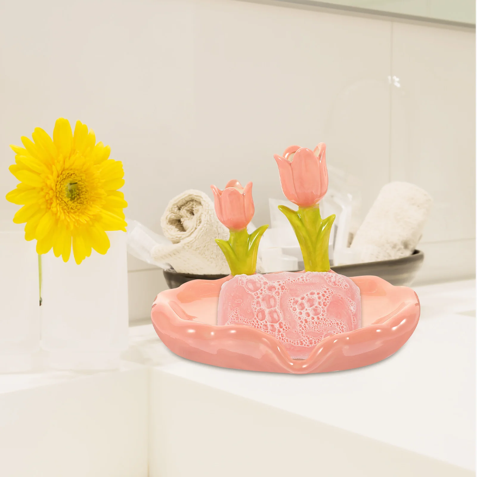 

Ceramic Tulip Flower Soap Dish Draining Holder for Bathroom Kitchen Decorative Soap Tray Housewarming Gift
