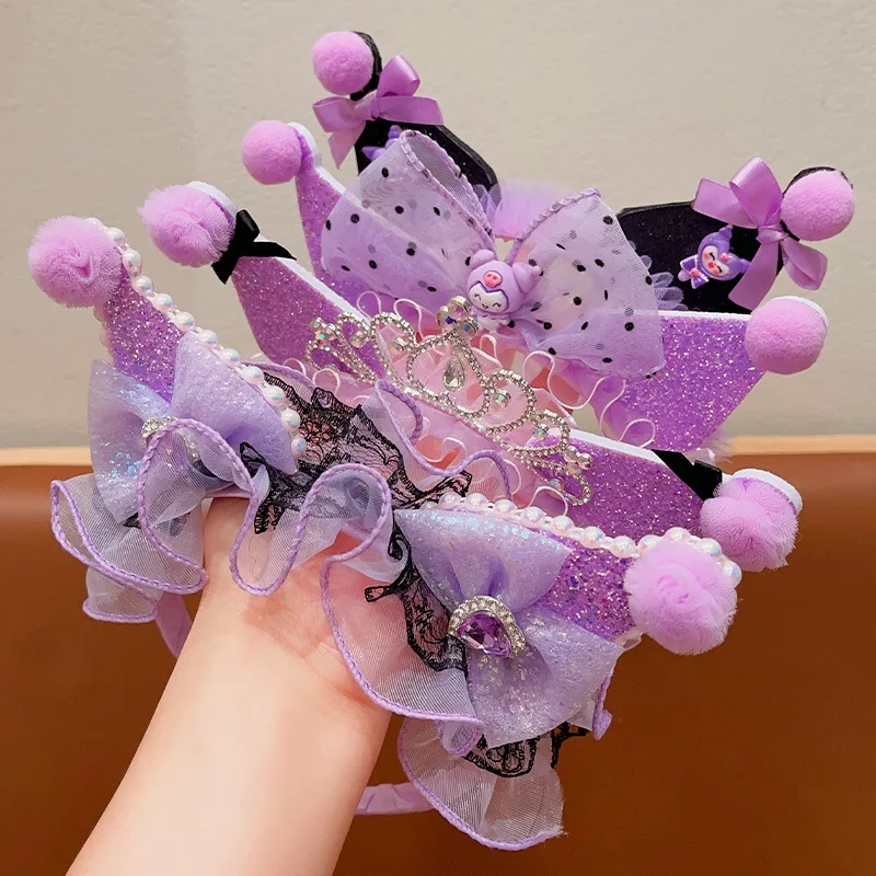 Sanrio Kawaii Kuromi Purple Headbands Anime Figure Mesh Bow Girls Hairband Babies Birthday Party Hair Accessories Cosplay Gifts