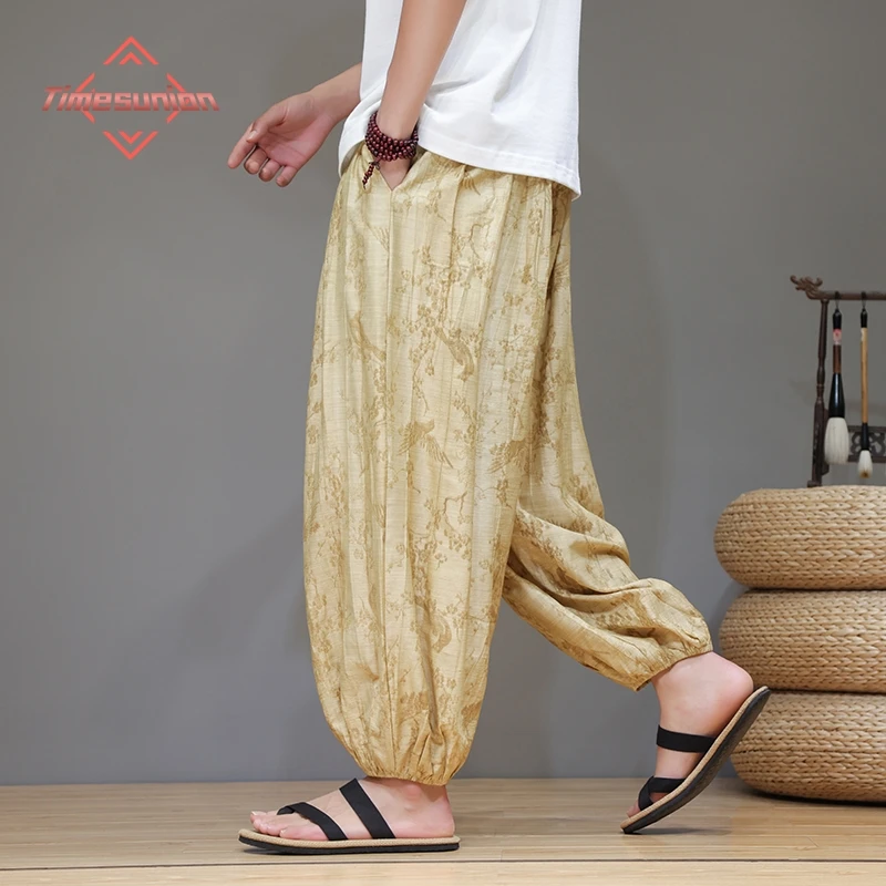 Summer Pants For Men Silk Jacquard Ethnic Style Loose Bloomers High Quality Wide Leg Casual Pants Male Chinese Style