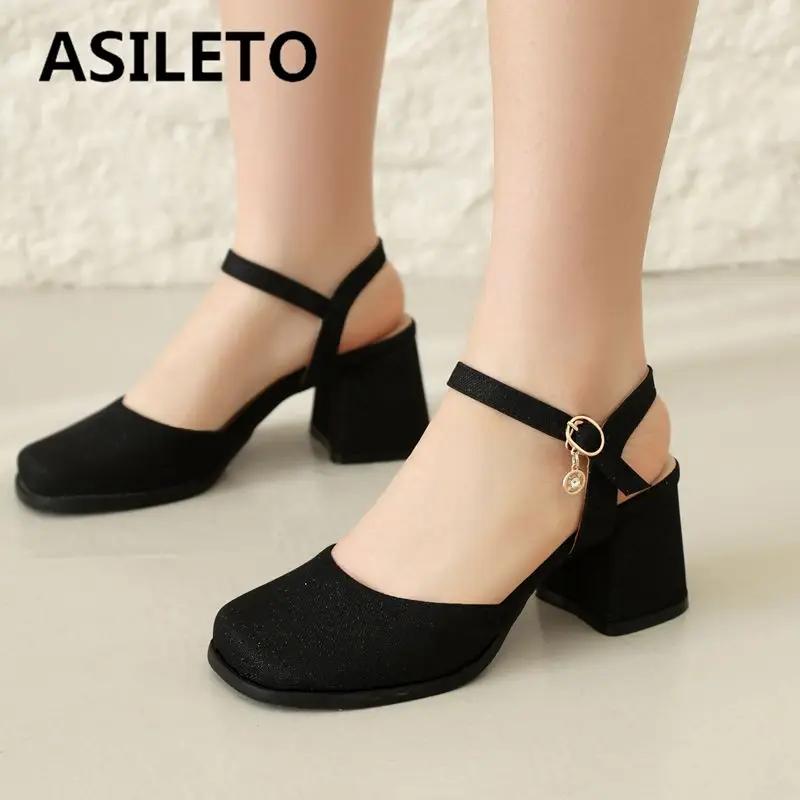 ASILETO Brand Women Sandals Square Toe Block Heels 6cm Buckle Strap Metal Deocr Big Size 42 43 Concise Daily Soft Female Shoes