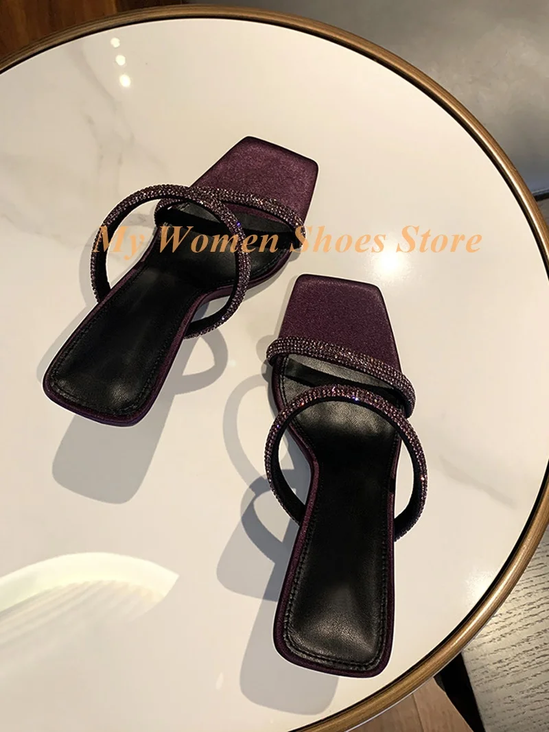 Purple Crystal Strap Slippers Stiletto Thin High Heel Square Toe Runway 2026 Summer Women Dress Shoes 2026 New Arrivals Slides