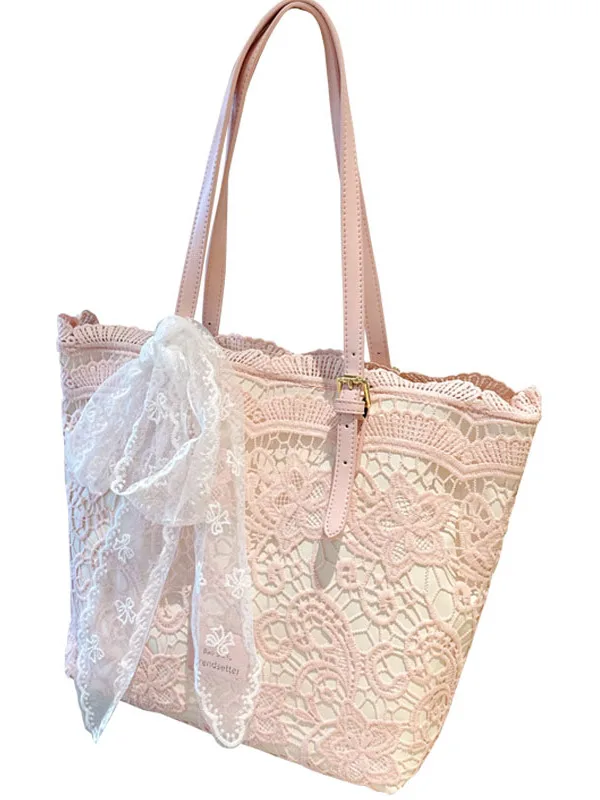 NOVEDAD DE VERANO 2021, bolso de mano de encaje de gran capacidad, bolso de mano tejido con lazo de encaje para mujer, mochila de moda para vacaciones en la playa para niña