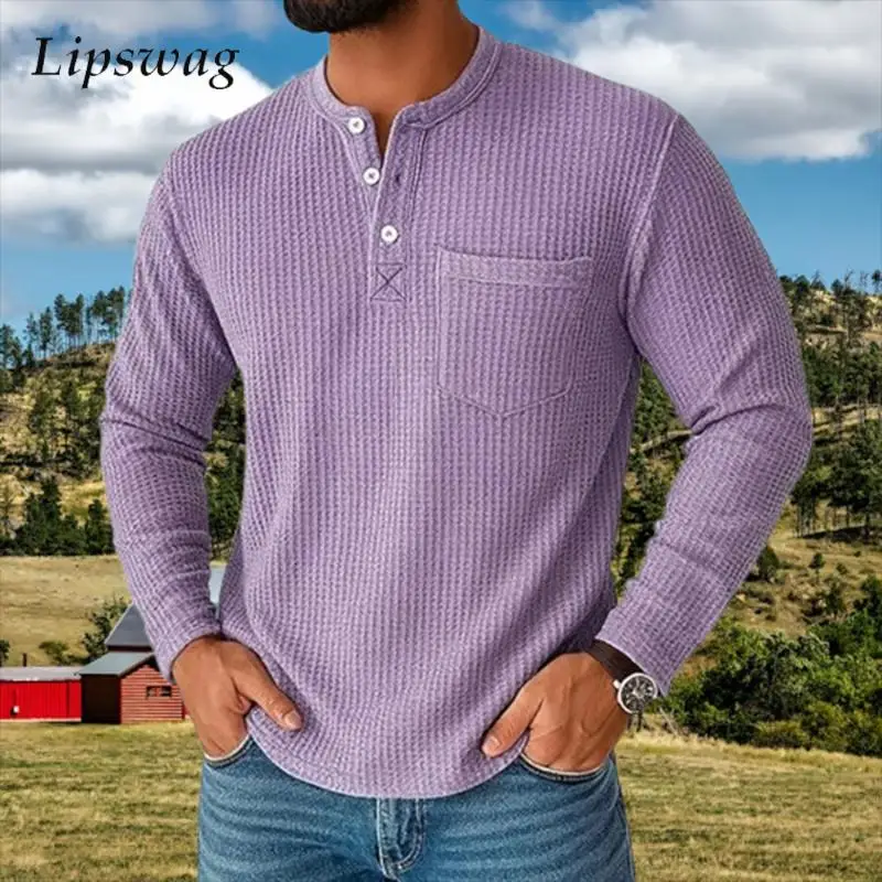 

Vintage Men's Henley Shirts Long Sleeve Buttoned Crew Neck T Shirt Spring Autumn Men Clothing Casual Solid Color Waffle T-shirt
