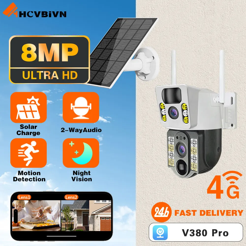 

4K 8MP Dual Lens V380 Pro 4G SIM Card Solar Battery PTZ Outdoor Wireless Bidirectional Call Security CCTV Auto Tracking Camera