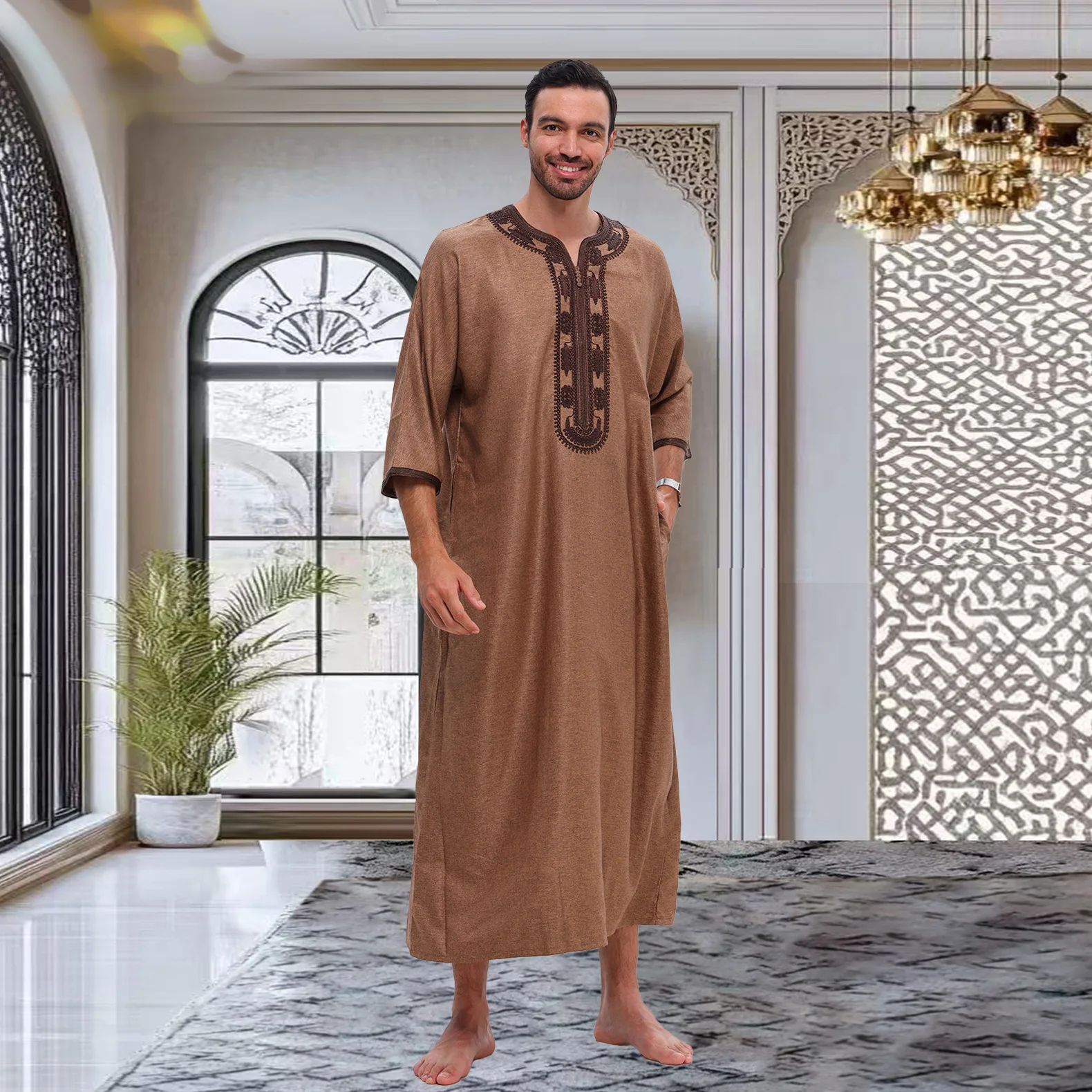 New Saudi Muslim Men Jubba Thobe Embroidered Robe Ethnic Arabic Dress Caftan Daffah Dishdasha Traditional Loose Islam Clothing