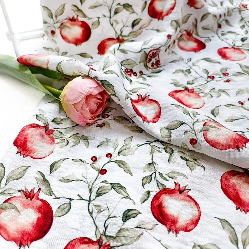 L100cm X W150cm Pomegranate Digital Print Cotton Satin Fabric for Hanfu Cheongsam Womens Dresses DIY Designer Sewing Fabrics