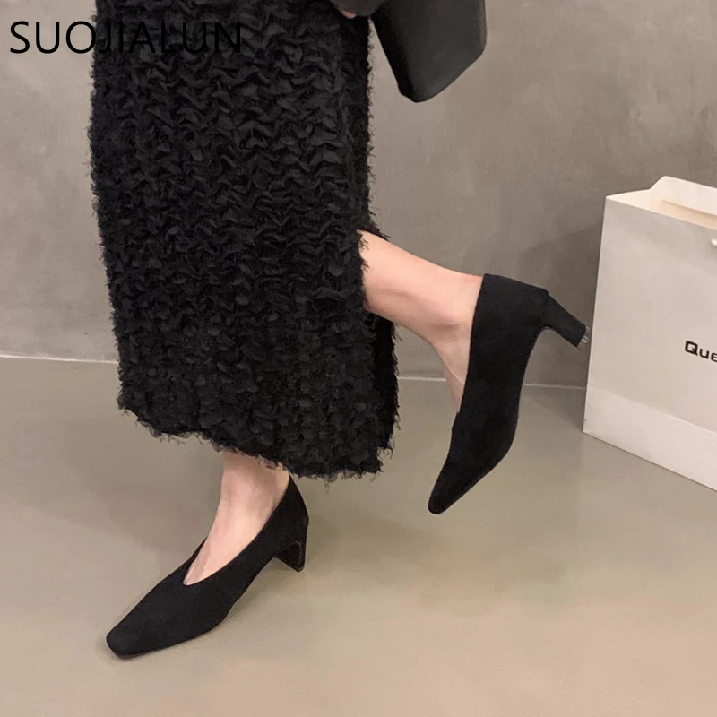 SUOJIALUN 2024 New Brand Women Pumps Shoes Fashion Shallow Slip On Ladies Elegant Boat Shoes Square High Heel Dress Pumps Shoes