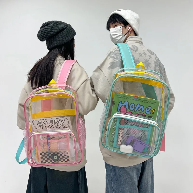 Color dopamine cute color contrast transparent PVC backpack = transparent student schoolbag ita bag