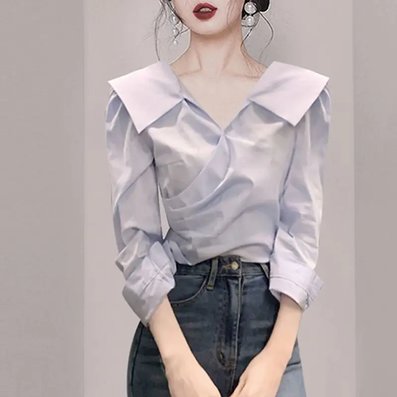 女性用のスリムなプリーツブラウス,エレガントな青いシャツ,女性用の白いオフィスシャツ,ショートトップ