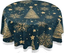 Snowflakes Christmas Round Tablecloth Winter Star Table Cloth with Lace 60 In Dining Decorative for Holiday Home Party Wedding