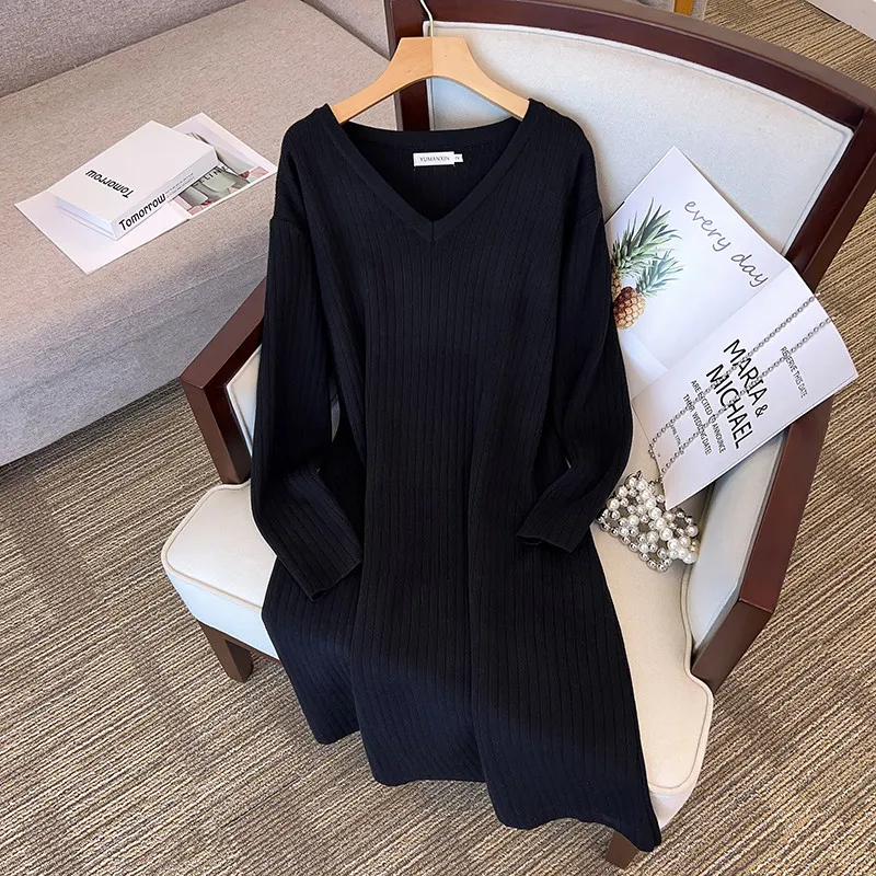 155Kg Plus Size Women\'s Bust 160 Spring Autumn New Loose Long V-Neck Sweater Dress Black Apricot 5XL 6XL 7XL 8XL 9XL 10XL