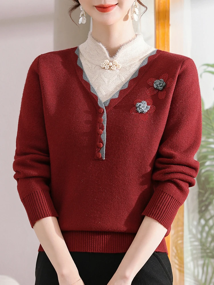 2025年新ファッション-厚手フリース裏地付きハーフハイカラーワンピース-ベルベットベースシャツ-中高年女性向け