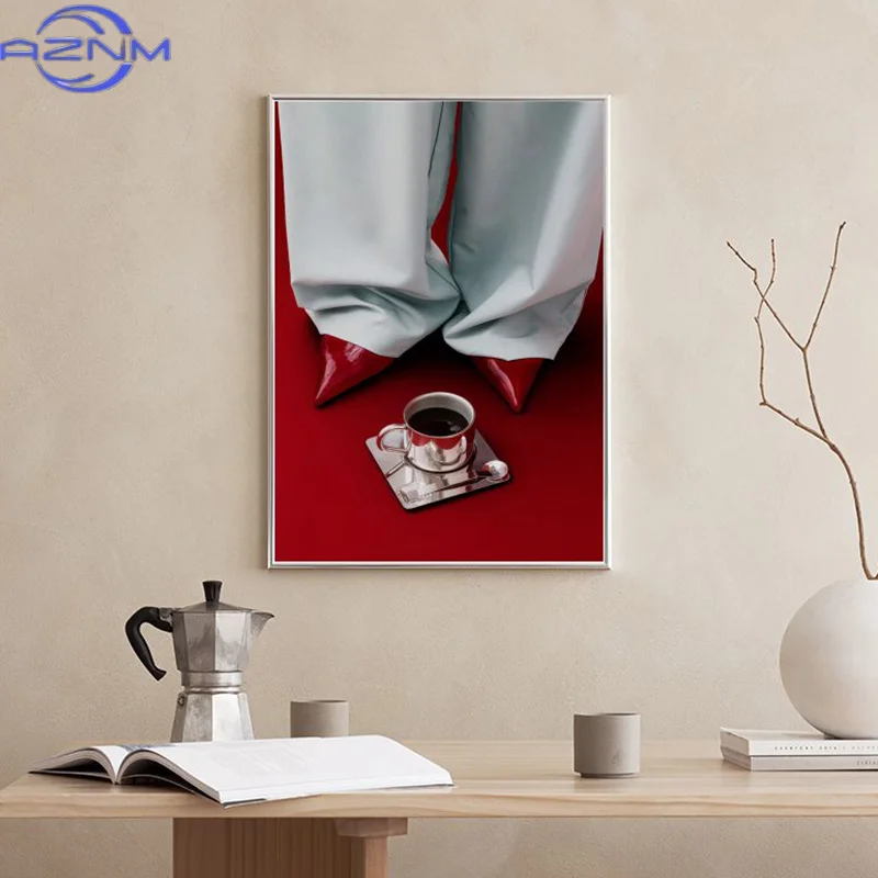 AZNM Rote High Heels Kirsch-Dekorationsdruck Wandbild Zitat Poster Kunst Leinwandgemälde Modernes Wohnzimmer Bild Bett Bar Ha