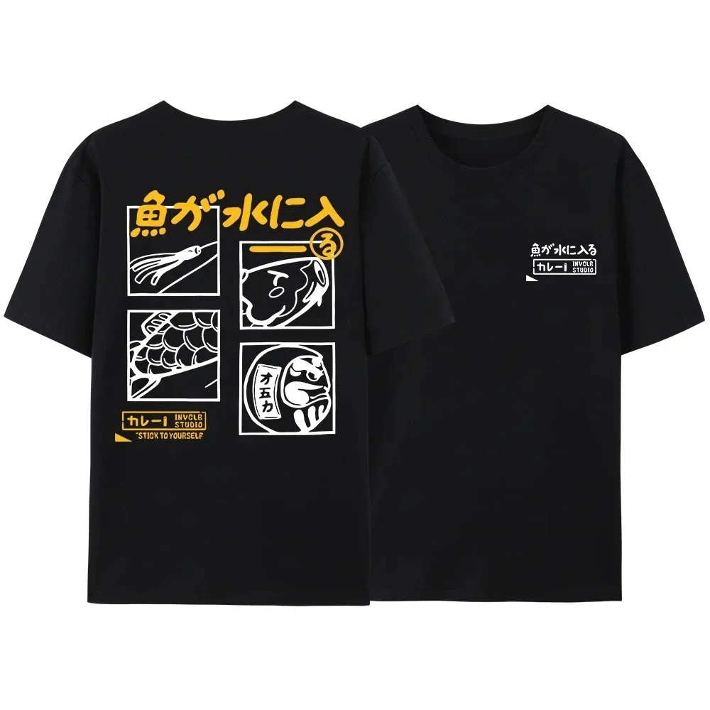 اليابانية الرجعية موضة الأسماك تي شيرت المرأة قصيرة الأكمام نمط زوجين طالب نصف كم مضحك تي شيرت النساء الملابس Y2K