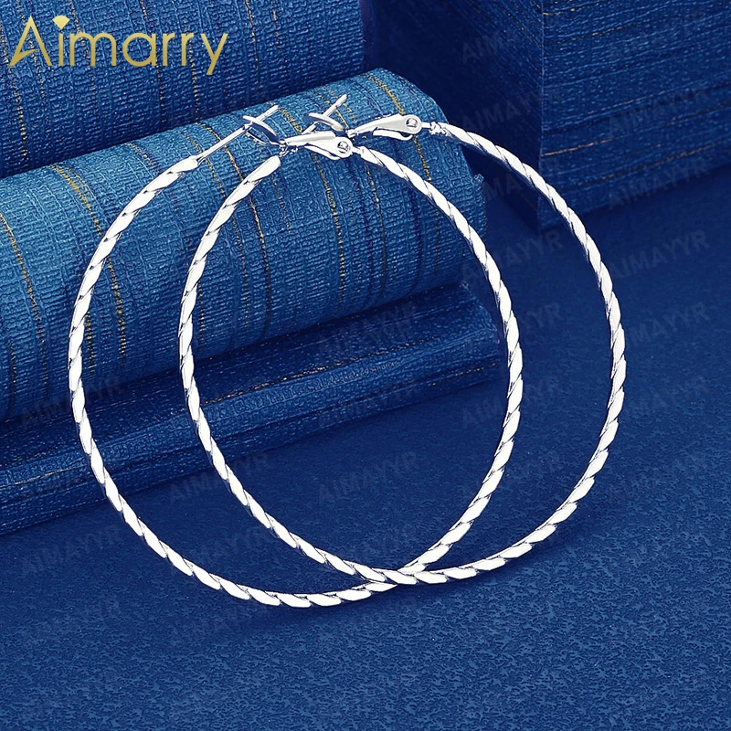 925 Sterling Silver 50mm Simple Twisted Pattern Large Circle Earrings for Women's Weddings High-quality and Fashion Jewelry