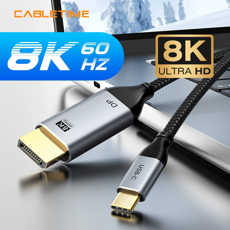 Cabletime 8k 60hzusb c para displayport cabo dp 1.4 4k 144hz dsc 1.2 hdr 32.4gbps efeito 3d uhd cabo para portátil macbook pro c439