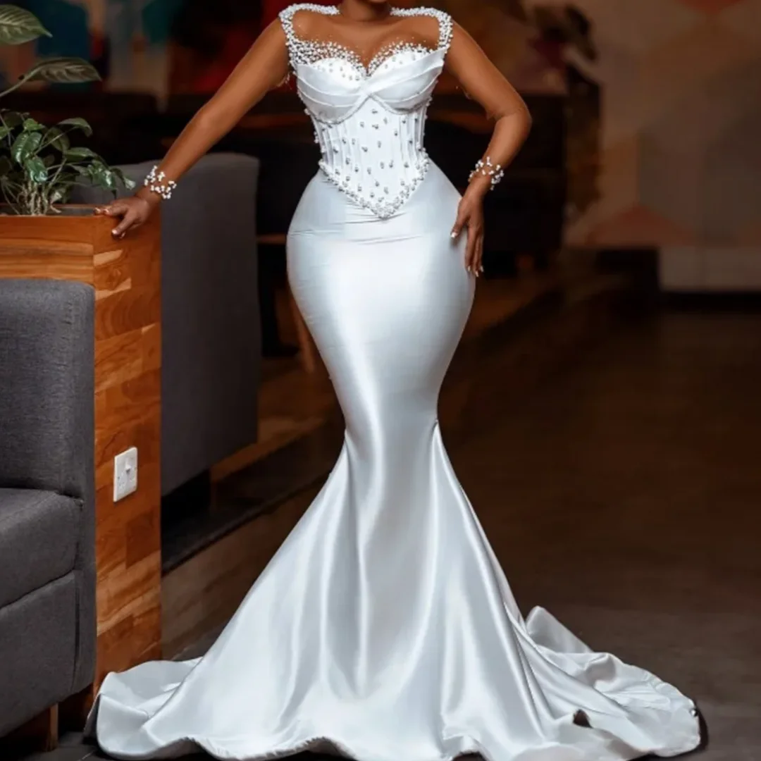 Long Sleeves Wedding Reception Dress African Women Bridal Gowns Pearls Mermaid Wedding Dresses With Illusion Customized