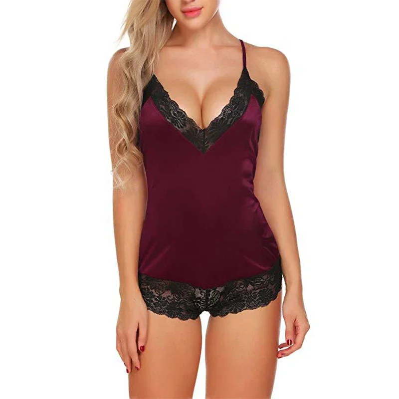 Pyjama en dentelle pour femmes, vêtements de nuit, noir, M, L, XL, sexy, glace, soyeuse, lisse, cool, coupe basse, col en V profond, combinaison courte pour femmes