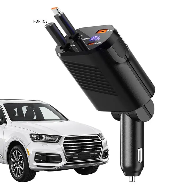 versatile Car Charger 120w Super Fast Charging Four In One Flash Charging Converter Head USB C Cable Retractable Car Charger