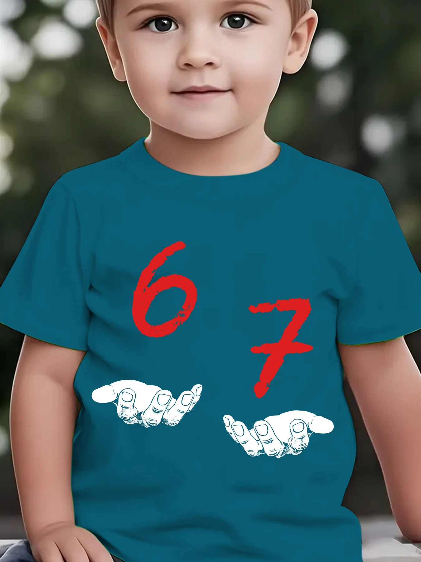 Boys NY‑DX7142 Number 67 Hands‑Lifting Letter‑Print T‑Shirt, Casual Summer Outdoor‑Ready Crew‑Neck Kids Top