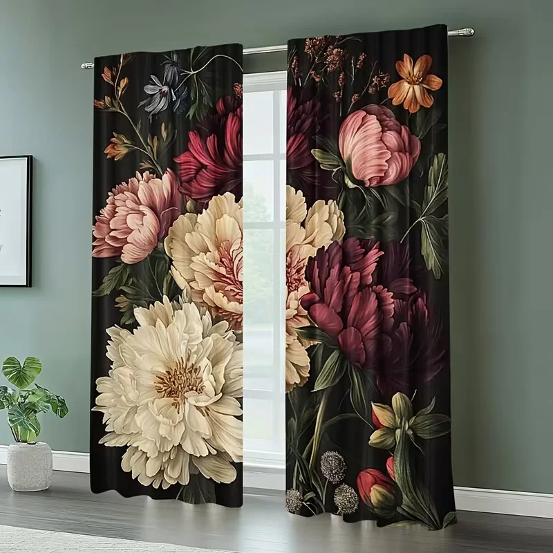 2 Pcs Retro chrysanthemum print curtains,suitable for bedroom,living room kitchen decoration,home decoration,window decoration