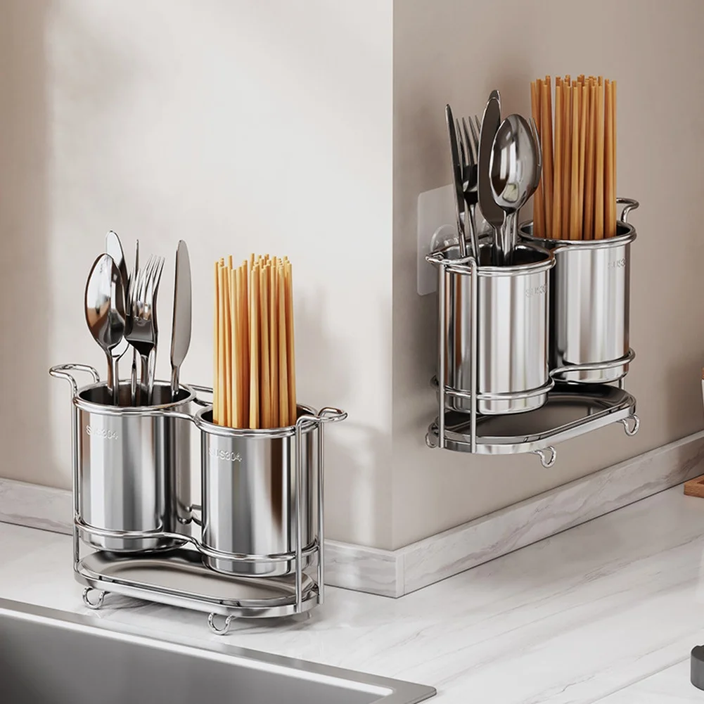 Double Compartment Chopstick Holder Made of 304 Stainless Steel Wall Mountable and Countertop Ready 23.6cm Long