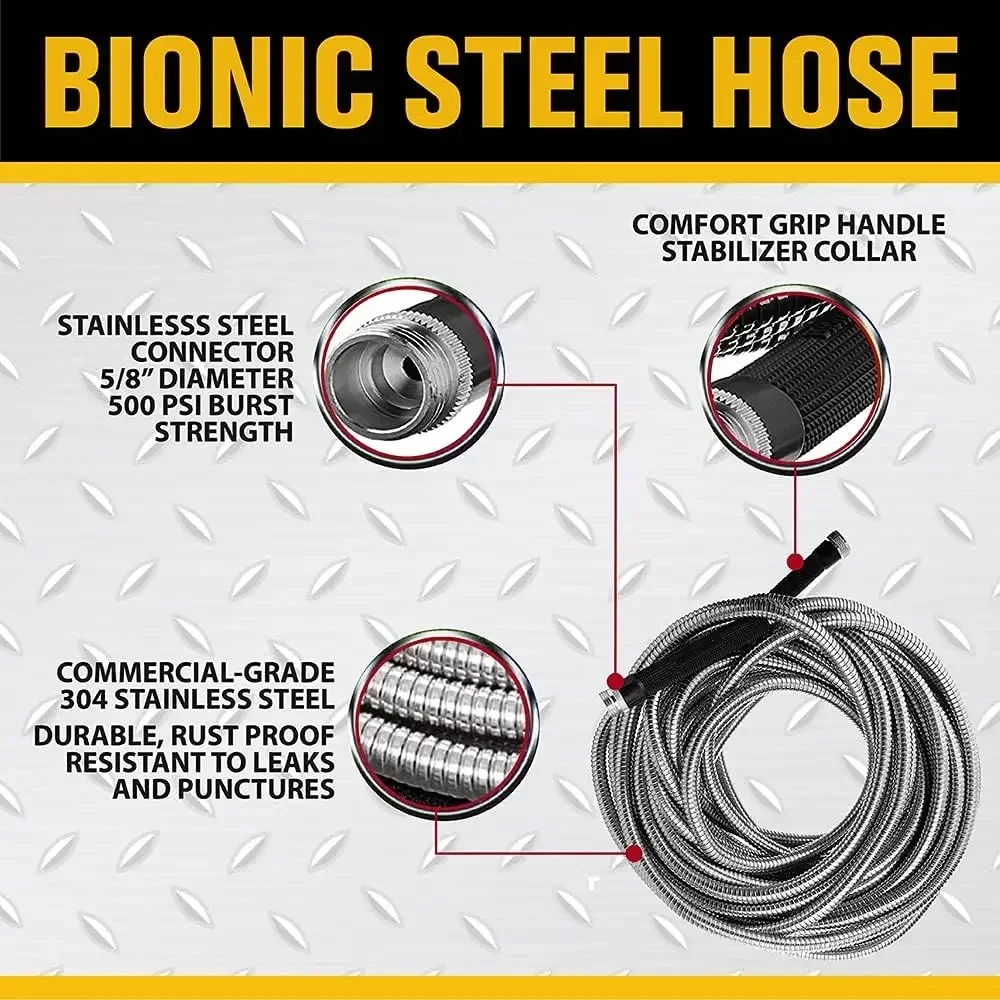 75 FT Garden Hose with Nozzle, 304 Stainless Steel Metal Water Hose 75Ft, Flexible Hose, Kink Free