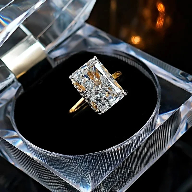 

New Simple Rectangular 925 Silver White Diamond Ring Inlaid With High Carbon Diamond Crushed Ice Cut For Women Jewelry