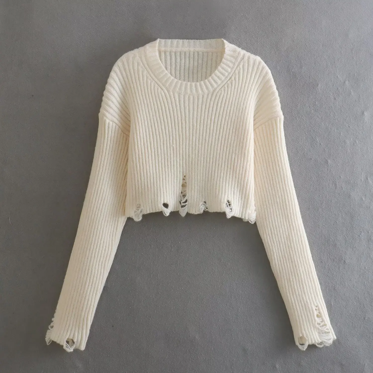 Women Fashion Ripped Cropped Knit Sweater Vintage O Neck Long Sleeve Female Pullovers Chic Tops