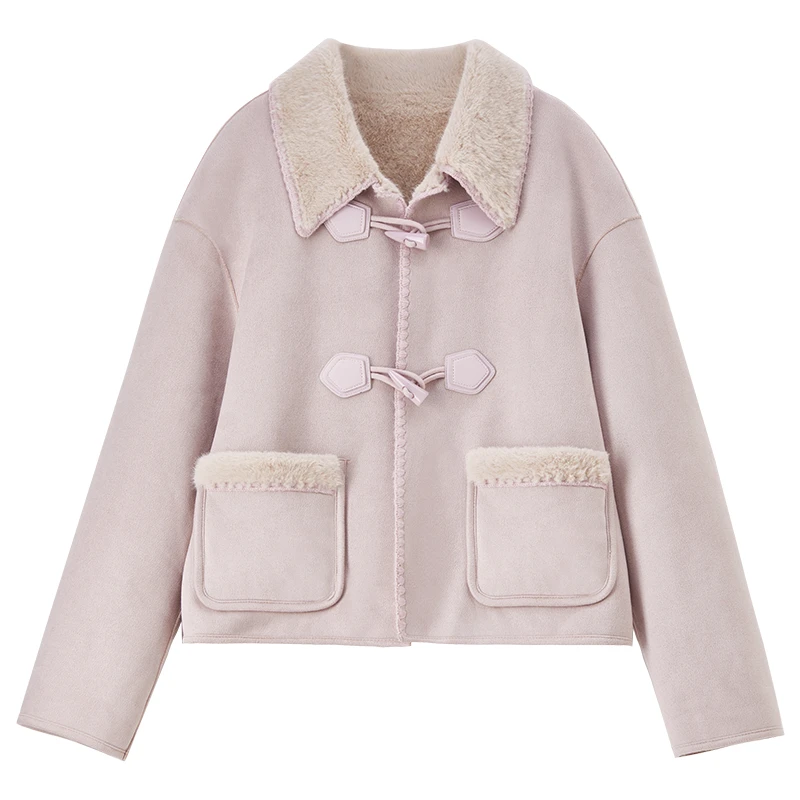 SENTUBILA Suède damesjas 2025, winter, preppyt-stijl, korte jas, claxon, losse pasvorm, veelzijdige dikke warme jas W54PA4095