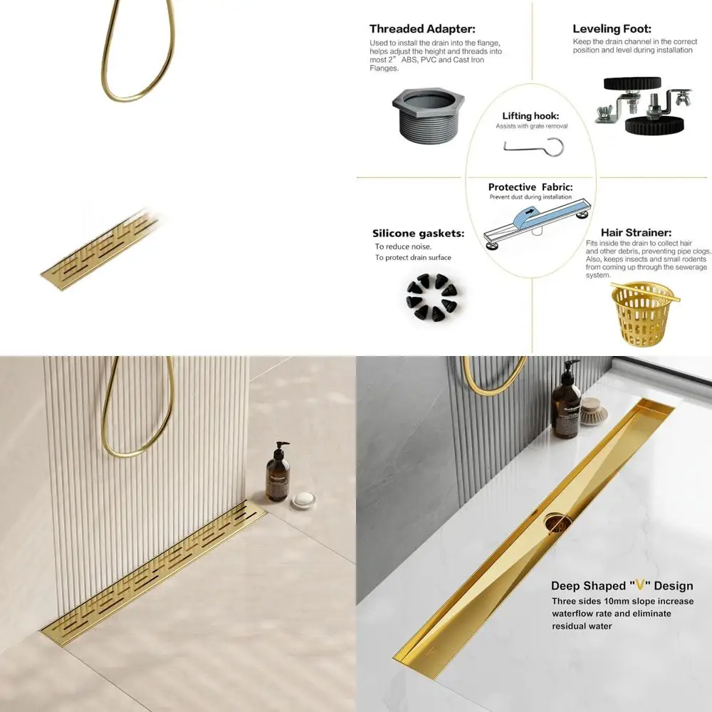 

24 Brushed Brass Rectangular Shower Drain with Brick-Pattern Grate, 304 SS, Gold, Hair Strainer, CUPC