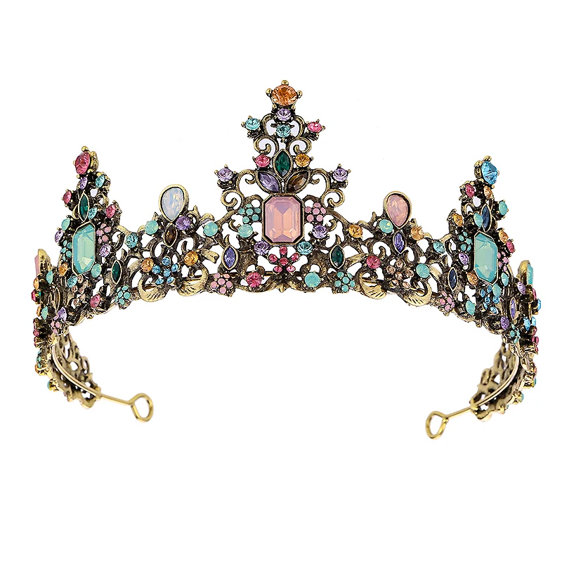 luxury crystal opal vintage queen crown headband rhinestone wedding baroque colorful tiara for women bridal hair accessories