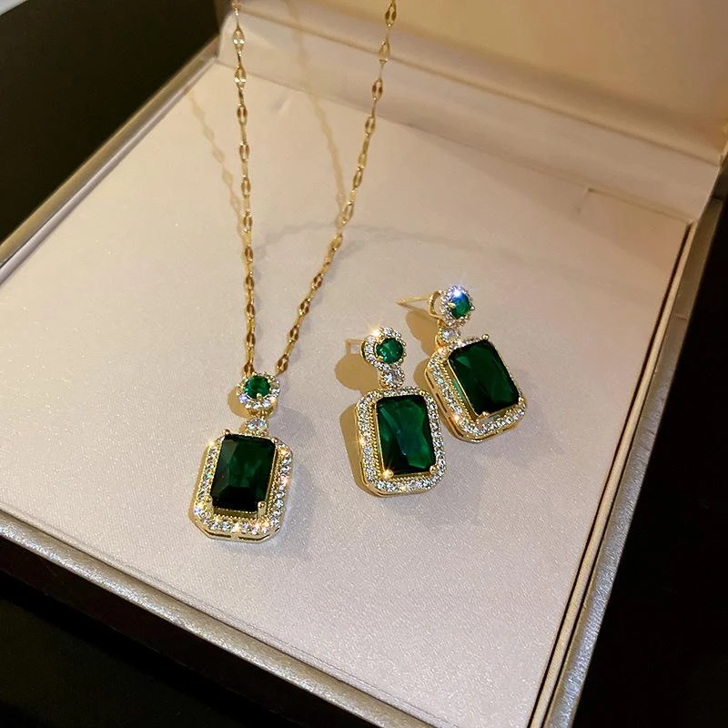 

SEREIN 925 Silver Zircons Gorgeous Green Color Square Wedding Bridal Necklace Earrings Party Jewelry Set for Brides