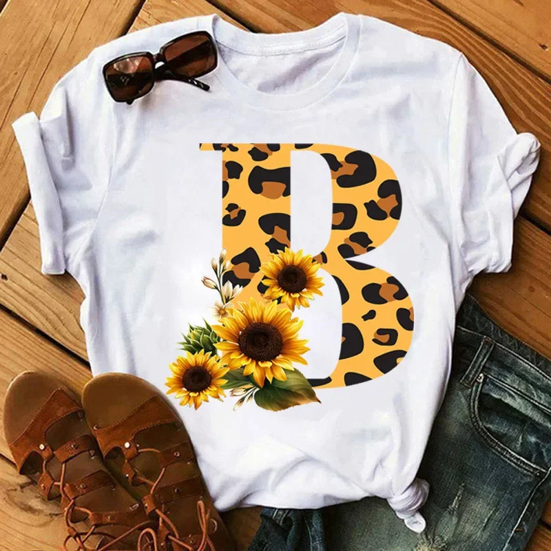 Alphabet Chrysanthemum Combination Printed T-shirt Summer Fashion Casual Women's Top Girls' Clothes Harajuku  T Shirt